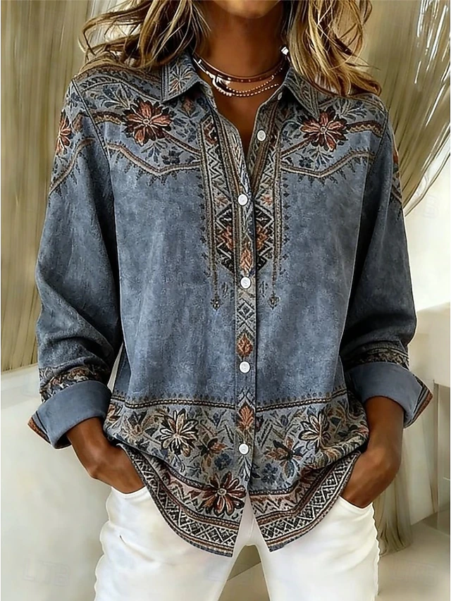 Women’s Vintage Washed Blue Printed Lyocell Button-Up Shirt