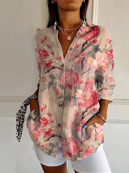 Women’s Vintage Washed Blue Printed Lyocell Button-Up Shirt