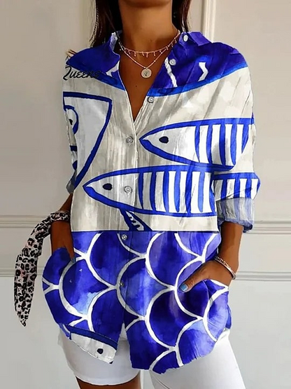 Women’s Vintage Washed Blue Printed Lyocell Button-Up Shirt