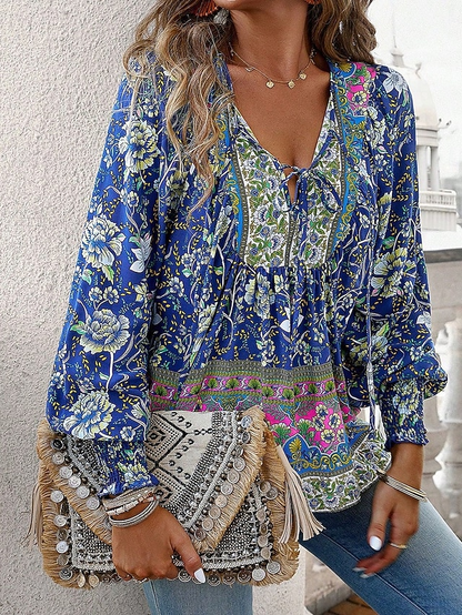 Women’s Vintage Washed Blue Printed Lyocell Button-Up Shirt