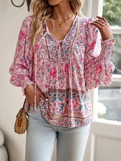 Women’s Vintage Washed Blue Printed Lyocell Button-Up Shirt