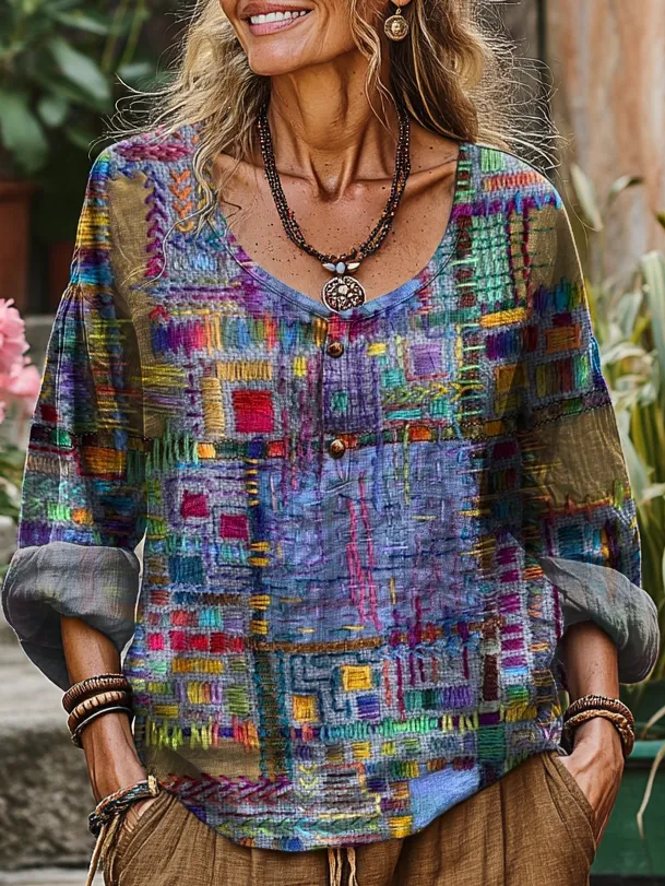 Women's Retro Ethnic Art Print Casual Long-Sleeve Round Neck Cotton T-Shirt