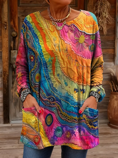 Women's Retro Ethnic Art Print Casual Long-Sleeve Round Neck Cotton T-Shirt