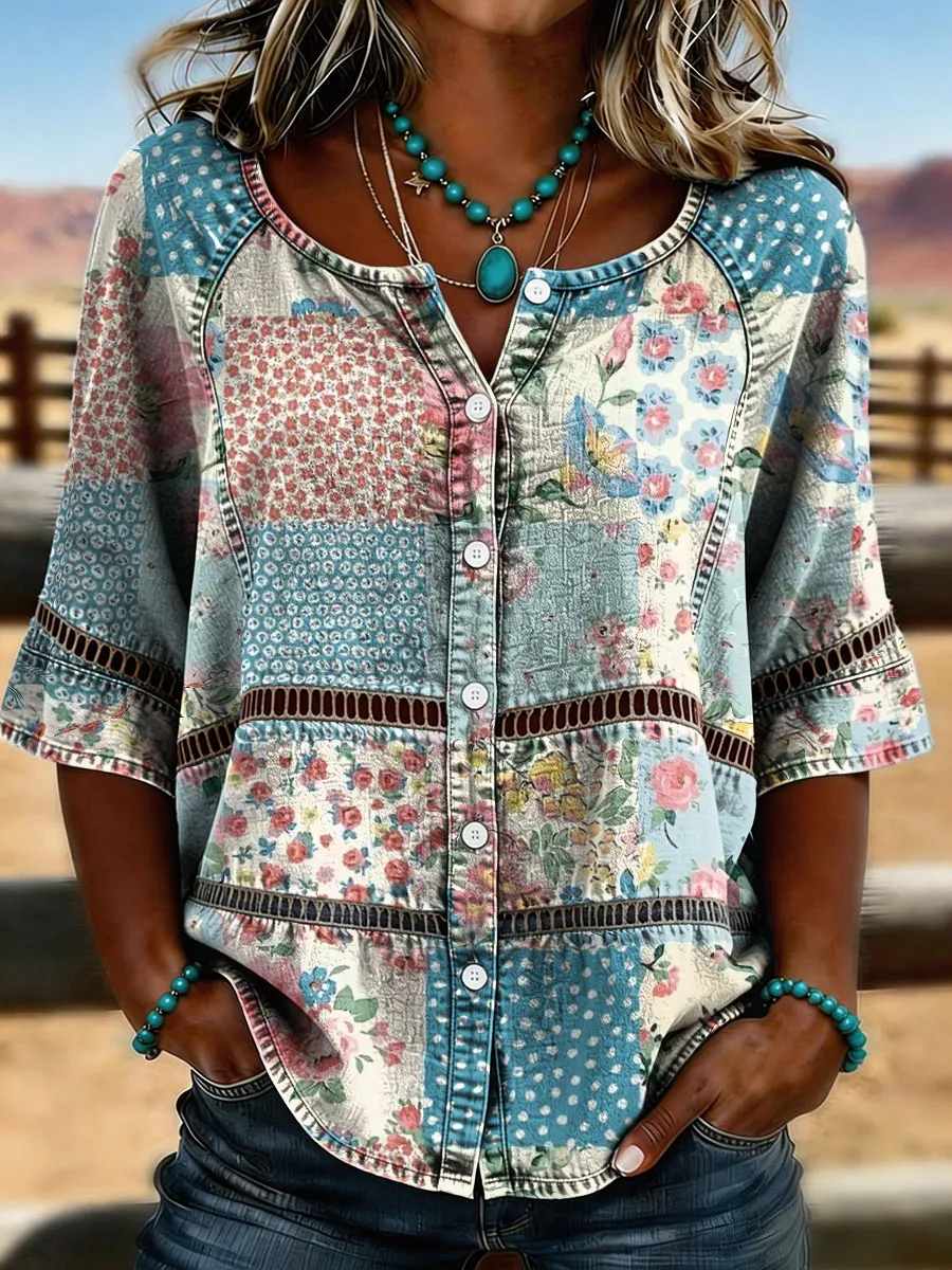 Women's Retro Ethnic Art Print Casual Long-Sleeve Round Neck Cotton T-Shirt