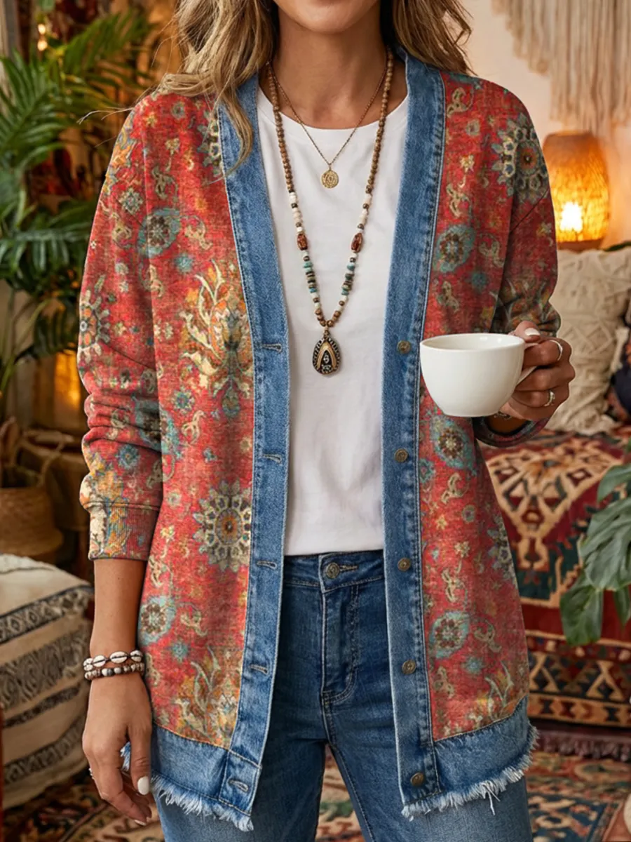 Women's Retro Ethnic Art Print Casual Long-Sleeve Round Neck Cotton T-Shirt