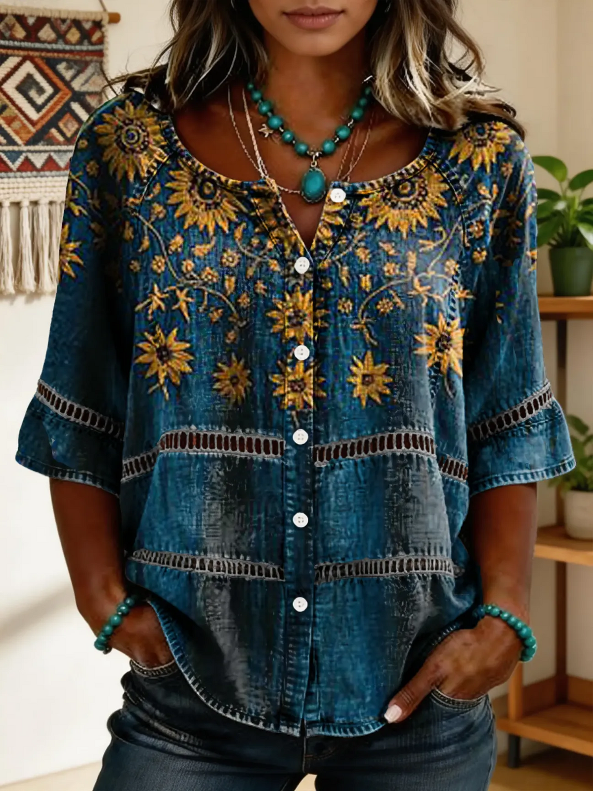 Women's Retro Ethnic Art Print Casual Long-Sleeve Round Neck Cotton T-Shirt