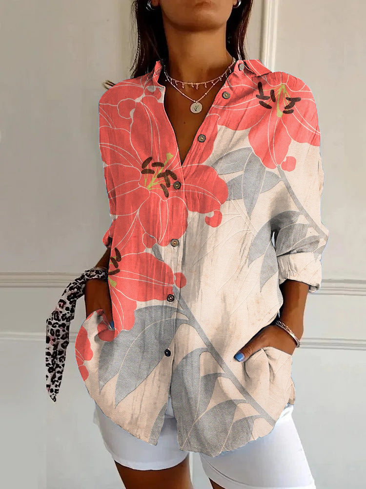 Women’s Vintage Washed Blue Printed Lyocell Button-Up Shirt