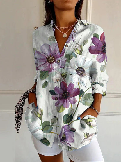 Women’s Vintage Washed Blue Printed Lyocell Button-Up Shirt